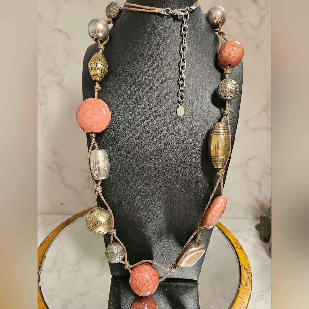 JS Chunky Brass And Ceramic Bead Necklace 35"